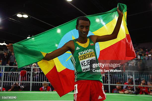 Yomif Kejelcha of Ethiopia wins gold in the Men's 3000 Metres Final during day four of the IAAF World Indoor Championships at Oregon Convention...