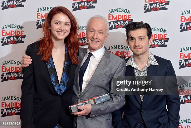 Hannah Murray, Anthony Daniels and Craig Roberts pose in the winners room at the Jameson Empire Awards 2016 at The Grosvenor House Hotel on March 20,...