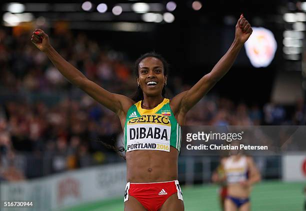 Genzebe Dibaba of Ethiopia wins gold in the Women's 3000 Metres Final during day four of the IAAF World Indoor Championships at Oregon Convention...