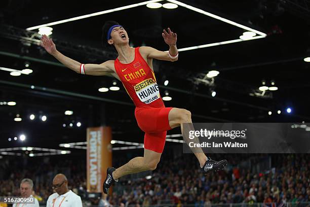 Changzhou Huang of China competes in the Men's Long Jump Final during day four of the IAAF World Indoor Championships at Oregon Convention Center on...