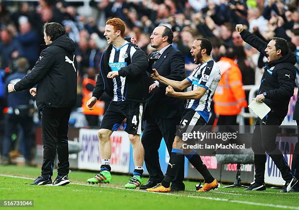 Newcastle manager Rafael Benitez, Jack Colback and Andros Townsend all celebrate as their team score during the Barclays Premier League match between...