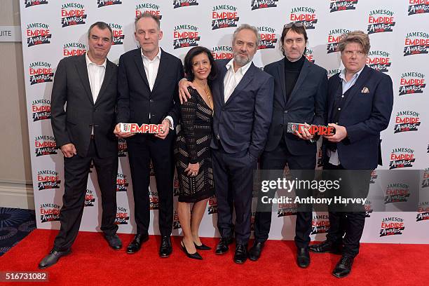 Guest, Callum McDougall, Jany Temime, Sam Mendes, Robert Wade and Neal Purvis pose in the winners room at the Jameson Empire Awards 2016 at The...