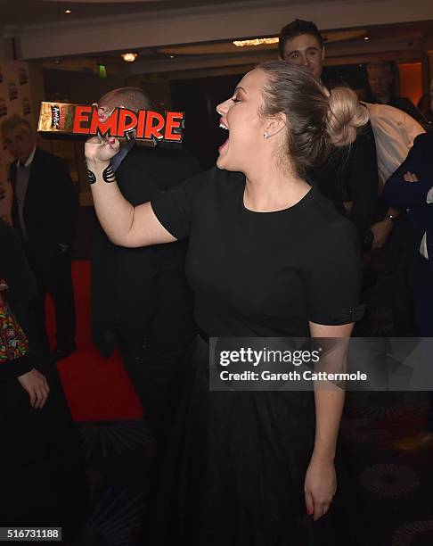 Chanel Cresswell poses in the winners room at the Jameson Empire Awards 2016 at The Grosvenor House Hotel on March 20, 2016 in London, England.