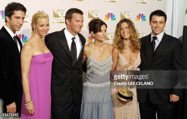 Cast members from "Friends," which won Outstanding Comedy, series pose for photogarpher at the 54th Annual Emmy Awards at the Shrine Auditorium in...