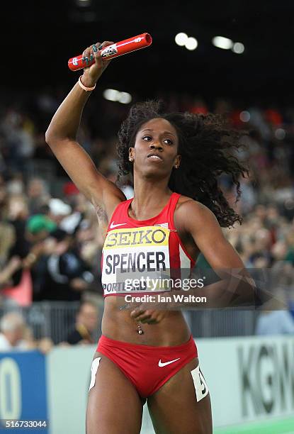 Ashley Spencer of United States crosses the line to win gold in the Women's 4x400 Metres Relay Final during day four of the IAAF World Indoor...