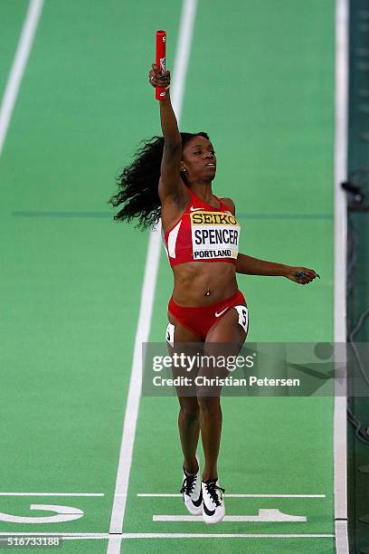 Ashley Spencer of United States crosses the line to win gold in the Women's 4x400 Metres Relay Final during day four of the IAAF World Indoor...