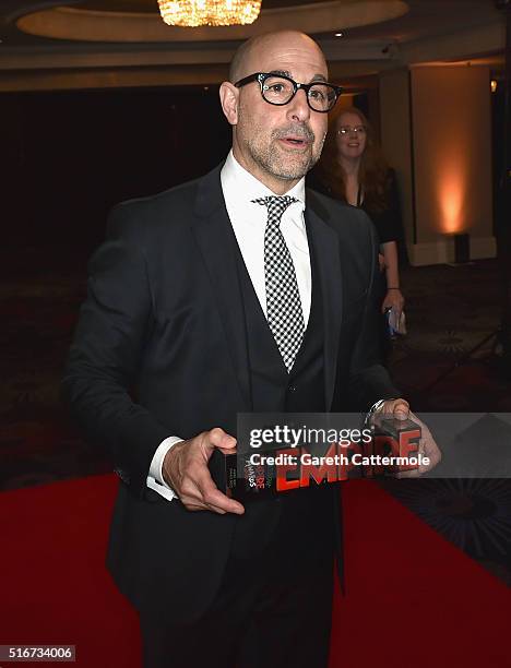 Stanley Tucci with the Empire Hero award in the winners room at the Jameson Empire Awards 2016 at The Grosvenor House Hotel on March 20, 2016 in...