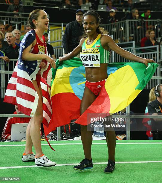 Bronze medallist Shannon Rowbury of the United States and gold medallist Genzebe Dibaba of Ethiopia celebrate after the Women's 3000 Metres Final...