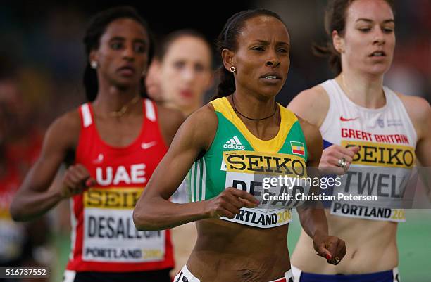 Meseret Defar of Ethiopia competes in the Women's 3000 Metres Final during day four of the IAAF World Indoor Championships at Oregon Convention...