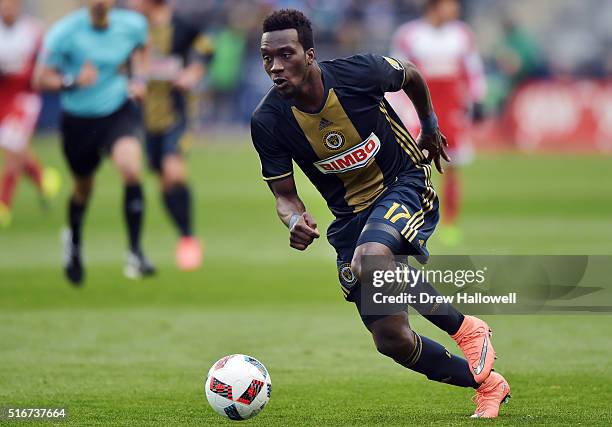 Sapong of Philadelphia Union moves the ball during the game against the New England Revolution at Talen Energy Stadium on March 20, 2016 in Chester,...