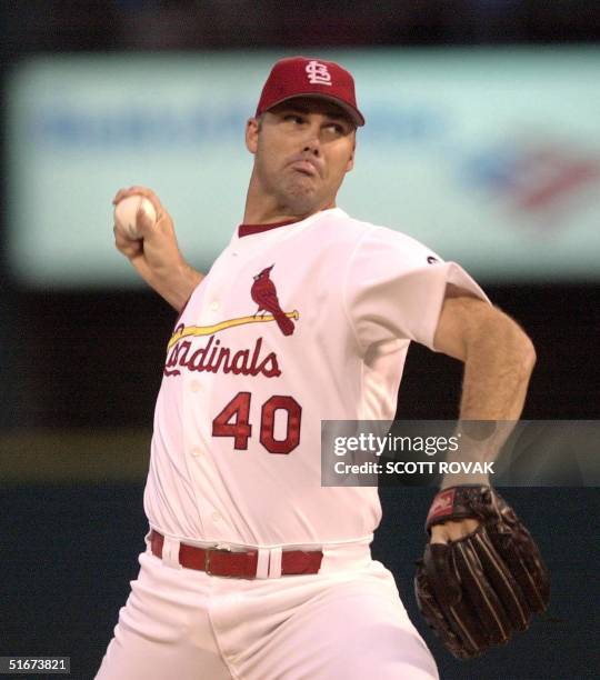 St. Louis Cardinals' Andy Benes delivers a pitch against the Chicago Cubs 06 September 2002 at Busch Stadium in St. Louis. Andy faces his younger...