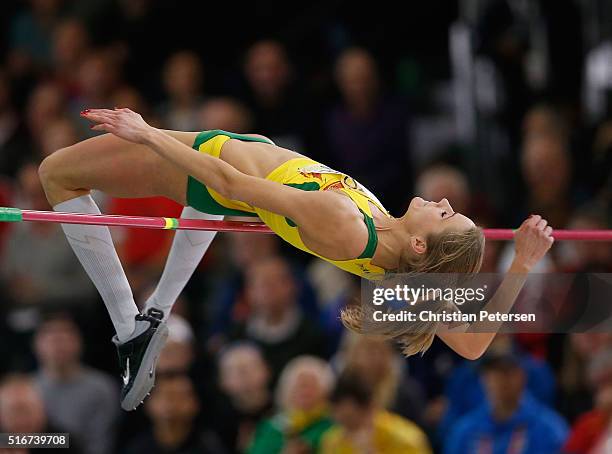 Airine Palsyte of Lithuania competes in the Women's High Jump Final during day four of the IAAF World Indoor Championships at Oregon Convention...