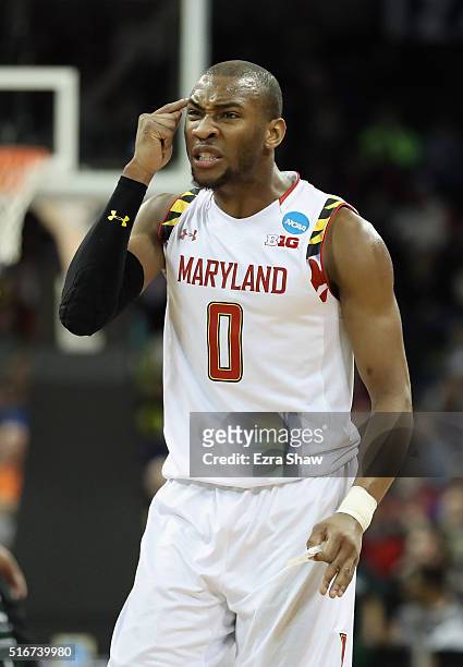 Rasheed Sulaimon of the Maryland Terrapins reacts in the first half against the Hawaii Warriors during the second round of the 2016 NCAA Men's...