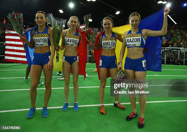 Bronze medallists Adelina Pastor, Elena Mirela Lavric, Andrea Miklos and Bianca Razor of Romania pose after the Women's 4x400 Metres Relay Final...