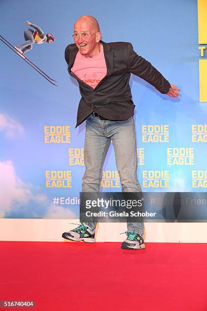 Michael Edwards alias Eddie the Eagle, during the 'Eddie the Eagle' premiere at Mathaeser Filmpalast on March 20, 2016 in Munich, Germany.