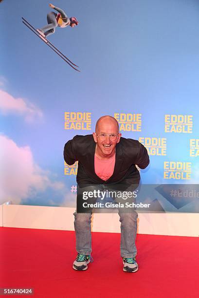 Michael Edwards alias Eddie the Eagle, during the 'Eddie the Eagle' premiere at Mathaeser Filmpalast on March 20, 2016 in Munich, Germany.