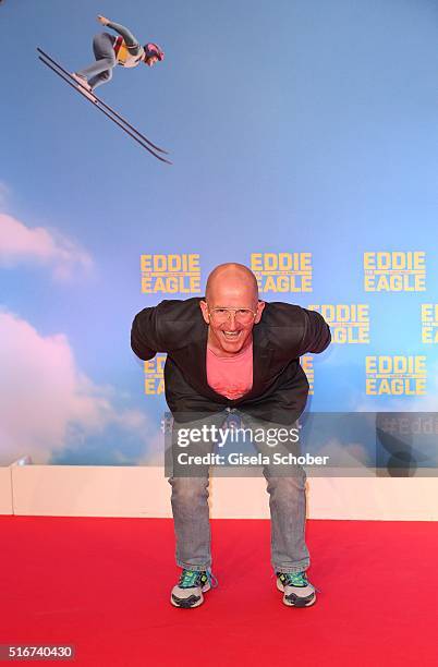 Michael Edwards alias Eddie the Eagle, during the 'Eddie the Eagle' premiere at Mathaeser Filmpalast on March 20, 2016 in Munich, Germany.