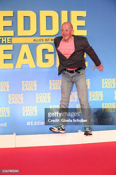 Michael Edwards alias Eddie the Eagle, during the 'Eddie the Eagle' premiere at Mathaeser Filmpalast on March 20, 2016 in Munich, Germany.