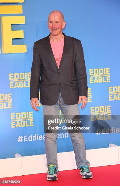 Michael Edwards alias Eddie the Eagle, during the 'Eddie the Eagle' premiere at Mathaeser Filmpalast on March 20, 2016 in Munich, Germany.