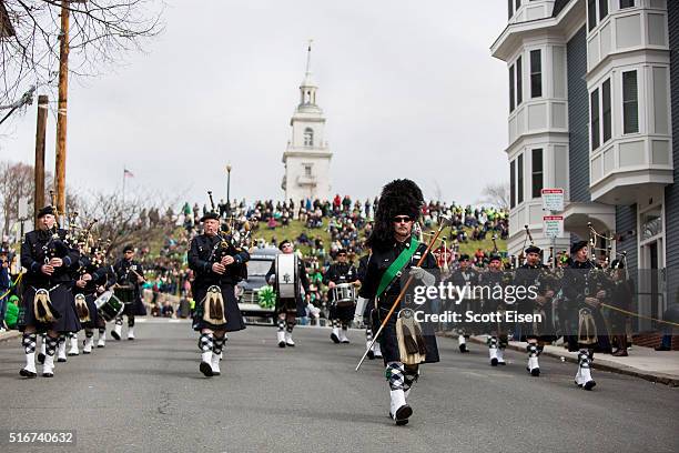 The Boston Police Gaelic Column of Pipes and Drums walks down from Dorchester Heights during the annual South Boston St. Patrick's Parade passes on...