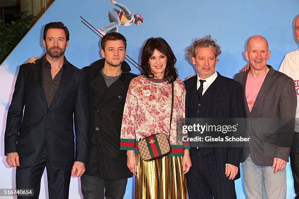 Hugh Jackman, Taron Egerton, Iris Berben, Dexter Fletcher and Michael Edwards during the 'Eddie the Eagle' premiere at Mathaeser Filmpalast on March...