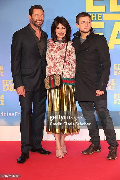 Hugh Jackman and Iris Berben and Taron Egerton during the 'Eddie the Eagle' premiere at Mathaeser Filmpalast on March 20, 2016 in Munich, Germany.