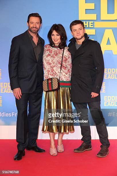 Hugh Jackman and Iris Berben and Taron Egerton during the 'Eddie the Eagle' premiere at Mathaeser Filmpalast on March 20, 2016 in Munich, Germany.