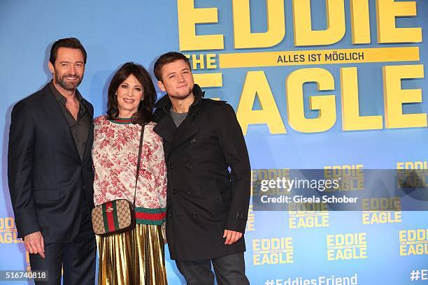 Hugh Jackman and Iris Berben and Taron Egerton during the 'Eddie the Eagle' premiere at Mathaeser Filmpalast on March 20, 2016 in Munich, Germany.