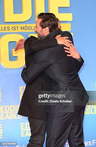 Hugh Jackman and Taron Egerton during the 'Eddie the Eagle' premiere at Mathaeser Filmpalast on March 20, 2016 in Munich, Germany.