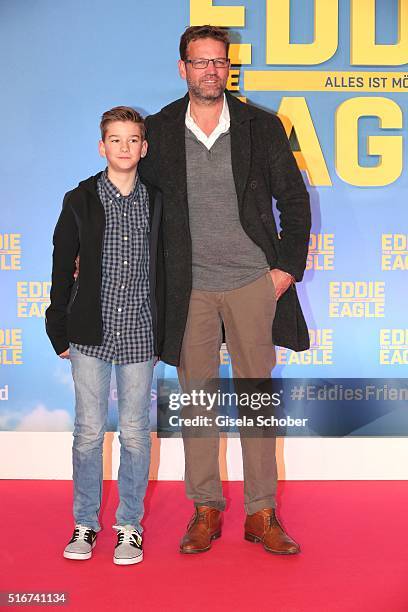 Kai Woersching and his son Luca during the 'Eddie the Eagle' premiere at Mathaeser Filmpalast on March 20, 2016 in Munich, Germany.