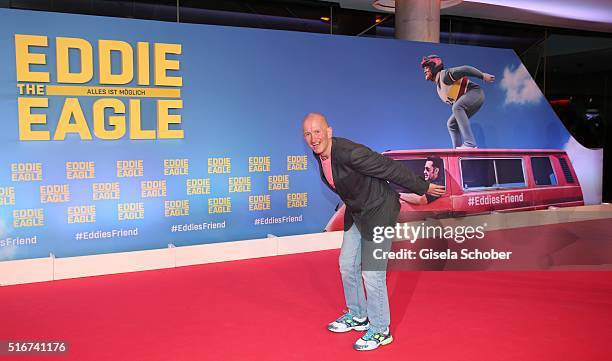 Michael Edwards alias Eddie the Eagle, during the 'Eddie the Eagle' premiere at Mathaeser Filmpalast on March 20, 2016 in Munich, Germany.