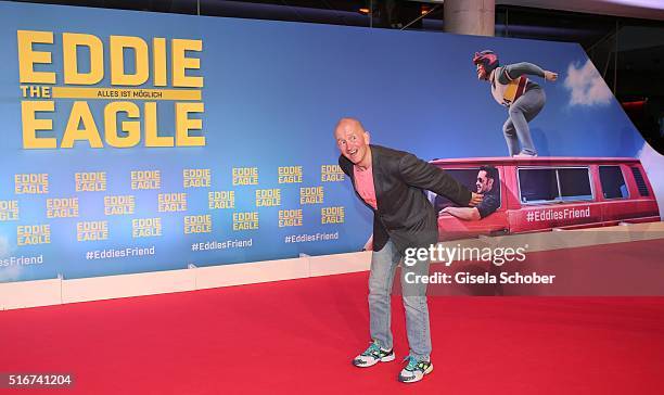 Michael Edwards alias Eddie the Eagle, during the 'Eddie the Eagle' premiere at Mathaeser Filmpalast on March 20, 2016 in Munich, Germany.