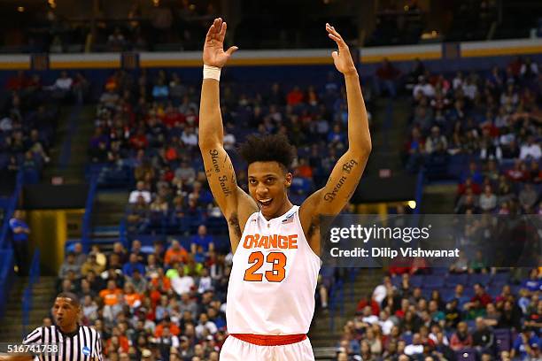 Malachi Richardson of the Syracuse Orange celebrates after defeating the Middle Tennessee Blue Raiders during the second round of the 2016 NCAA Men's...