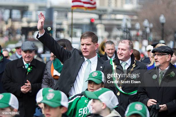 Mayor Martin Walsh of Boston waves during the annual South Boston St. Patrick's Parade passes on March 20, 2016 in Boston, Massachusetts. According...