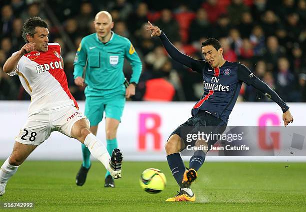 Jeremy Toulalan of Monaco and Angel Di Maria of PSG in action during the French Ligue 1 match between Paris Saint-Germain v AS Monaco at Parc des...