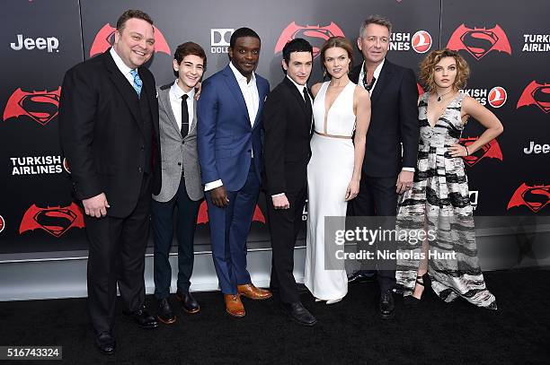 Actors Drew Powell, David Mazouz, Chris Chalk, Robin Lord Taylor, Erin Richards, Sean Pertwee, and Camren Bicondova of "Gotham" attend the "Batman V...