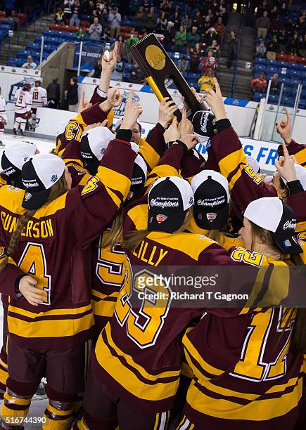 The Minnesota Golden Gophers celebrate after winning the 2016 NCAA Division I Women's Hockey Frozen Four Championship against the Boston College...