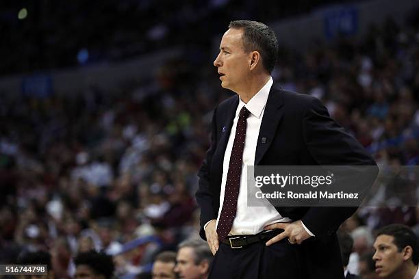 Head coach Billy Kennedy of the Texas A&M Aggies looks on in the first half against the Northern Iowa Panthers during the second round of the 2016...