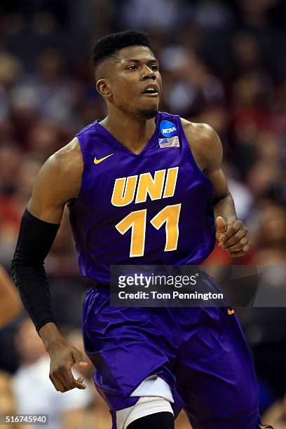 Wes Washpun of the Northern Iowa Panthers reacts in the first half against the Texas A&M Aggies during the second round of the 2016 NCAA Men's...