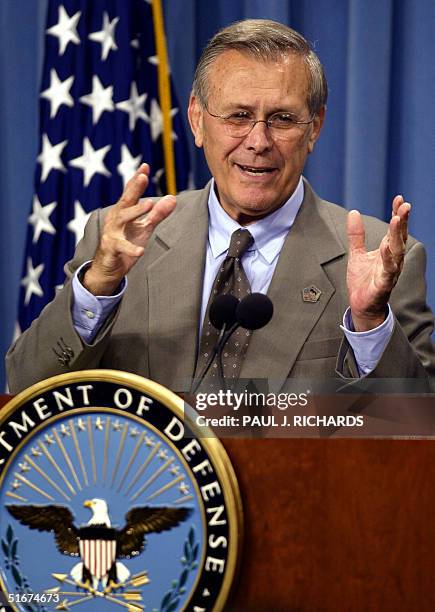Secretary of Defense Donald Rumsfeld briefs reporters on developments on the war on terrorism and developments with Iraqi leader Saddam Hussein in...