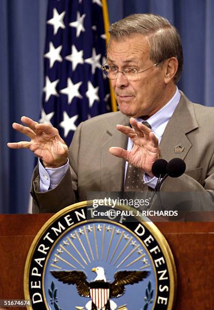 Secretary of Defense Donald Rumsfeld briefs reporters on developments on the war on terrorism and developments with Iraqi leader Saddam Hussein in...
