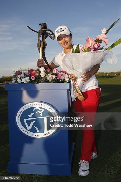Sei Young Kim of South Korea celebrates with the trophy after winning the LPGA JTBC Founders Cup at Wildfire Golf Club on March 20, 2016 in Phoenix,...
