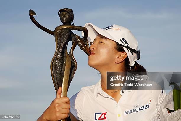 Sei Young Kim of South Korea kisses the trophy after winning the LPGA JTBC Founders Cup at Wildfire Golf Club on March 20, 2016 in Phoenix, Arizona.