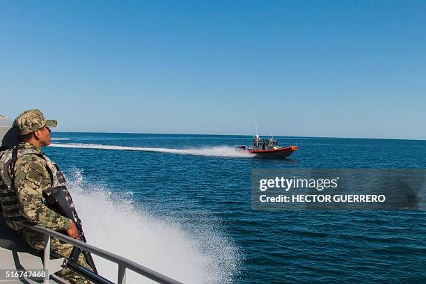 Mexican Navy boats patrol the Cortes Sea in San Felipe, Baja California State, Mexico on March 17, 2016. The Mexican Navy is carrying out an...