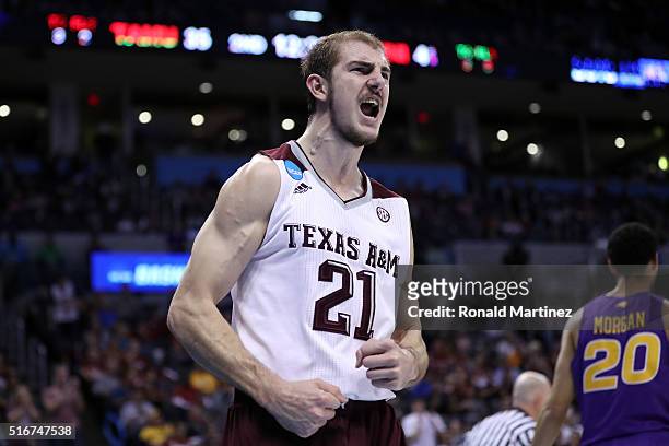 Alex Caruso of the Texas A&M Aggies reacts after a basket in the second half against the Northern Iowa Panthers during the second round of the 2016...