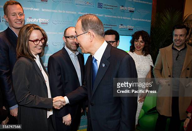 Producer Catherine Winder, John Cohen and Secretary General Ban Ki-Moon during the United Nations Ceremony, Presentation and Photo Call naming Red,...