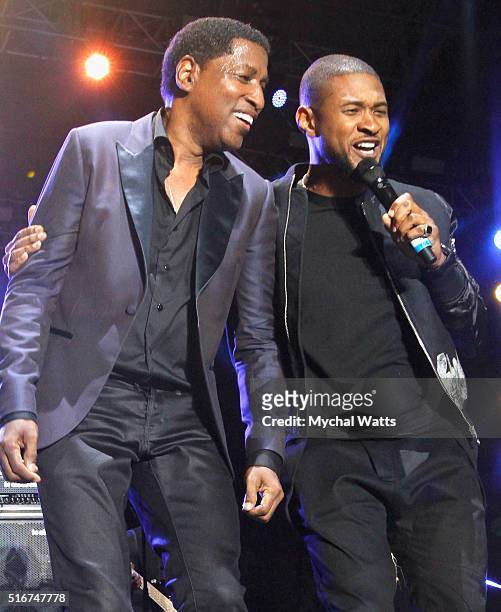 Kenny "Babyface" Edmonds and Usher perform onstage at 11th Annual Jazz In The Gardens Music Festival - Day 2 at Sunlife Stadium on March 20, 2016 in...