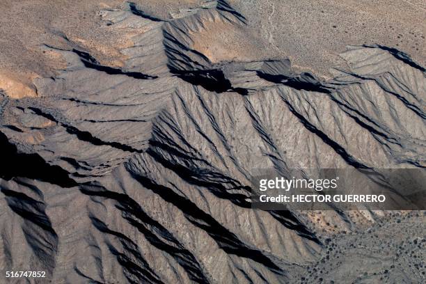 Aerial view of mountains in San Felipe, Baja California State, Mexico on March 18, 2016. The Mexican Navy is carrying out an operation to arrest...