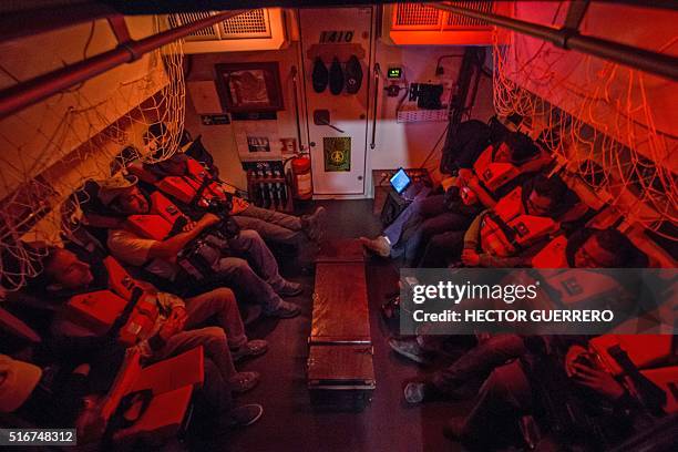 Journalists on a Mexican Navy ship patrolling the Cortes Sea in San Felipe, Baja California State, Mexico on March 17, 2016. The Mexican Navy is...