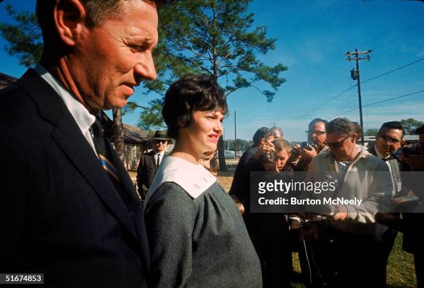 Marilyn Lovell, wife of Gemini 7 astronaut Jim Lovell, talks with reporters on the day for her husband's space launch, Houston, Texas, December 4,...